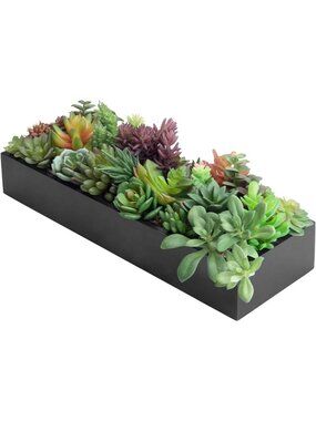 15.75 Inch Faux Succulent Centerpiece - Elegant Black Wooden Planter Arrangement